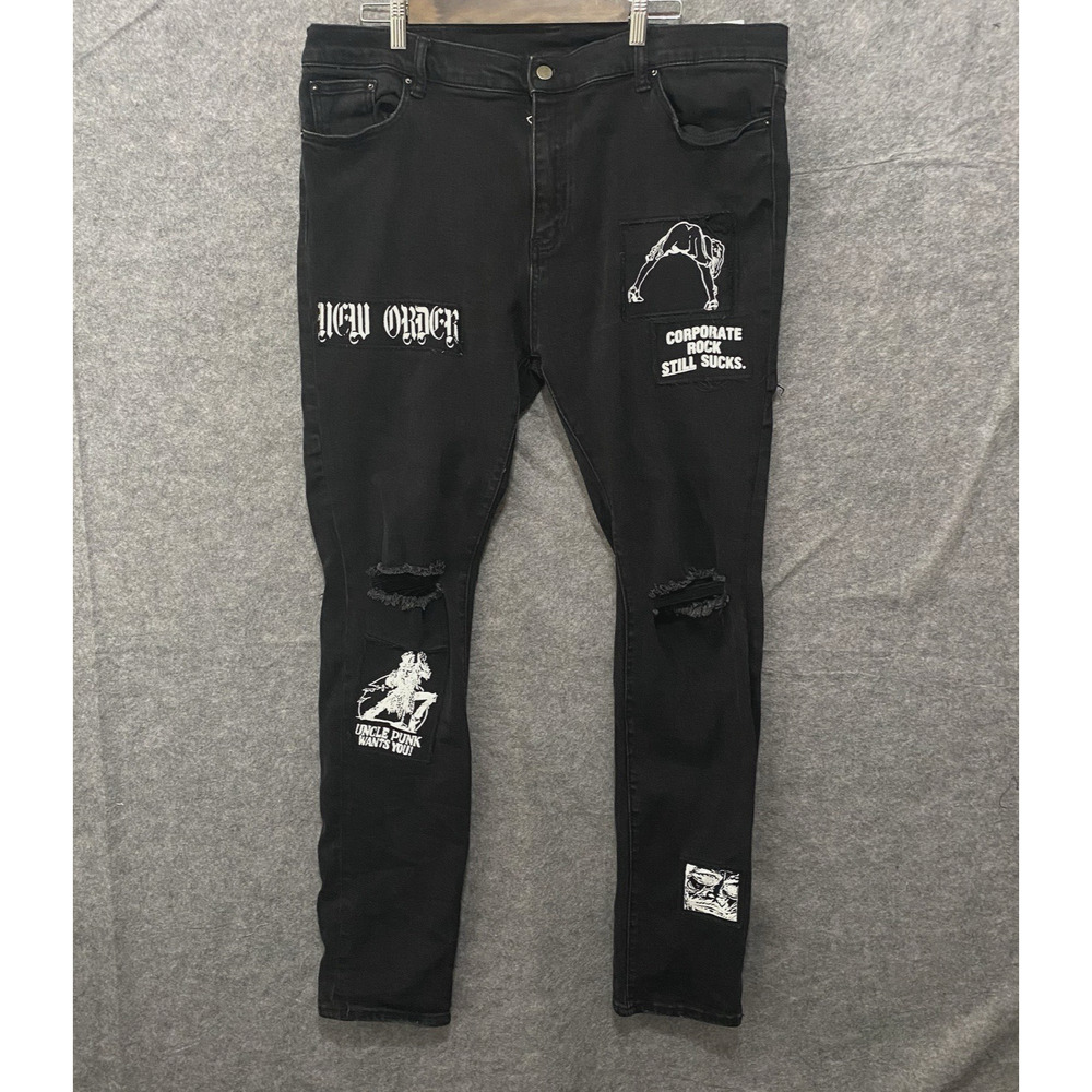 Mnml Jeans Mens 42 x 34 Black‎ Distressed Graphics Punk Streetwear
